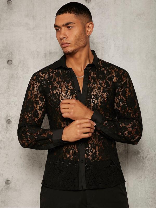 LGBTQ+ Men's Regular Fit Floral Lace Button Front Sheer Shirt, Casual Long Sleeve Collared Top for All Seasons, LGBT Outfits, Fashion Men's Clothes for Daily Wear