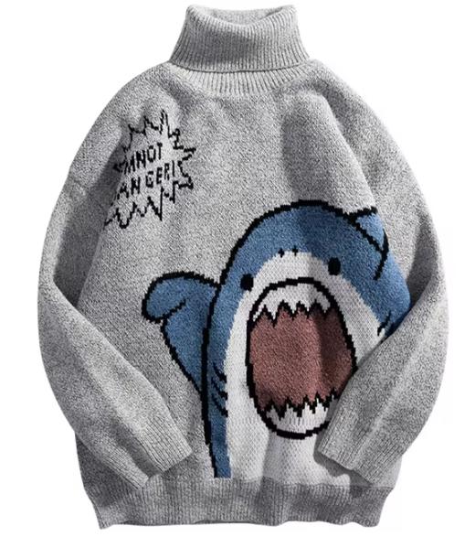 Shark Sweater Men Winter Cartoon Harajuku Korean Y2k Oversized Turtleneck Hip Hop Loose Knit Jumper Pullover High Collar Sweater