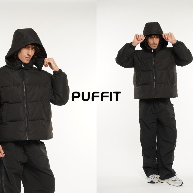 PUFFIT Men‘s Detachable Hooded Puffer Jacket, Winter Basic Warm Menswear Coat with Removable Hood Zip Deep Pockets