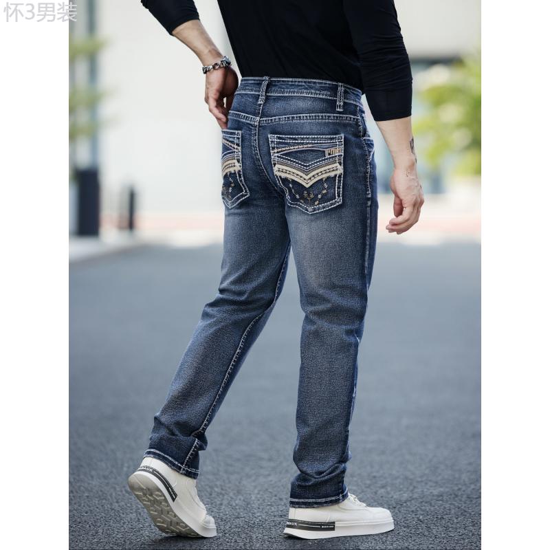 Men's Retro Style Denim Pants With Pockets, Vintage Bull Head Embroidered Design, Casual Fashion Wear For All Seasons Menswear Jean