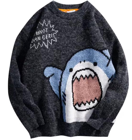 Shark Sweater Men Winter Cartoon Harajuku Korean Y2k Oversized Turtleneck Hip Hop Loose Knit Jumper Pullover High Collar Sweater