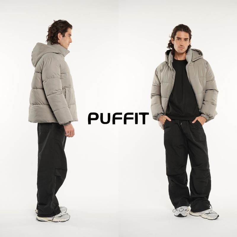 PUFFIT Men‘s Detachable Hooded Puffer Jacket, Winter Basic Warm Menswear Coat with Removable Hood Zip Deep Pockets