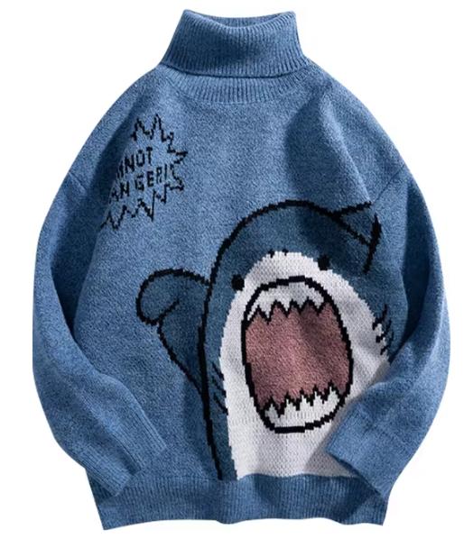 Shark Sweater Men Winter Cartoon Harajuku Korean Y2k Oversized Turtleneck Hip Hop Loose Knit Jumper Pullover High Collar Sweater