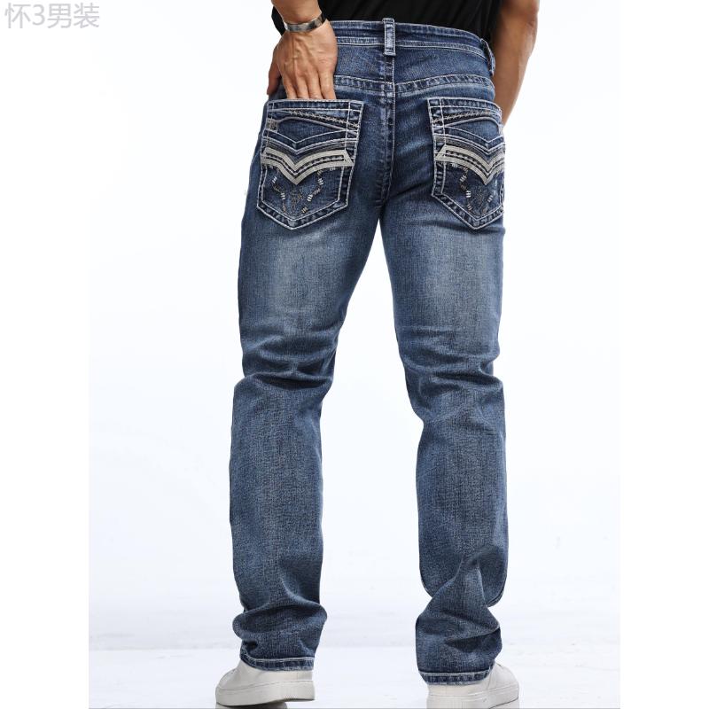 Men's Retro Style Denim Pants With Pockets, Vintage Bull Head Embroidered Design, Casual Fashion Wear For All Seasons Menswear Jean