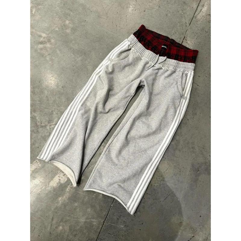 New Product Carnival]Casual Sweatpants Side Three Bars Splicing Plaid Comfortable Loose Wide Leg Straight Sweatpants Street Tide Menswear Man