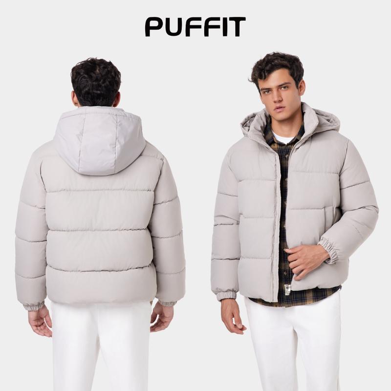 PUFFIT Men‘s Detachable Hooded Puffer Jacket, Winter Basic Warm Menswear Coat with Removable Hood Zip Deep Pockets