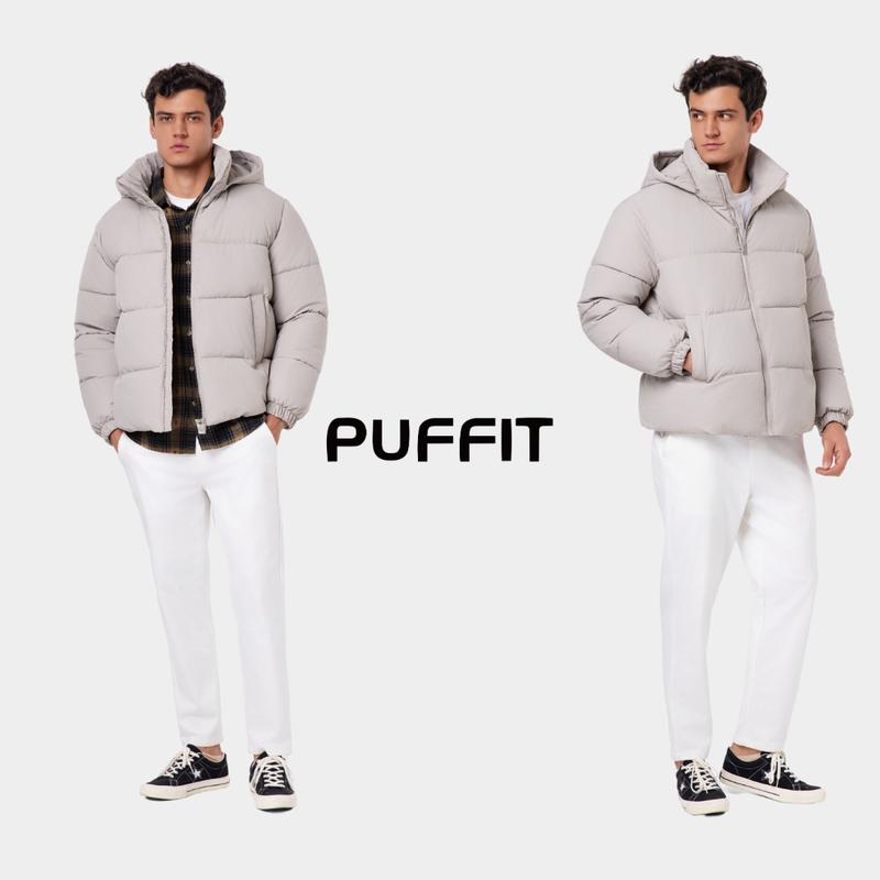 PUFFIT Men‘s Detachable Hooded Puffer Jacket, Winter Basic Warm Menswear Coat with Removable Hood Zip Deep Pockets