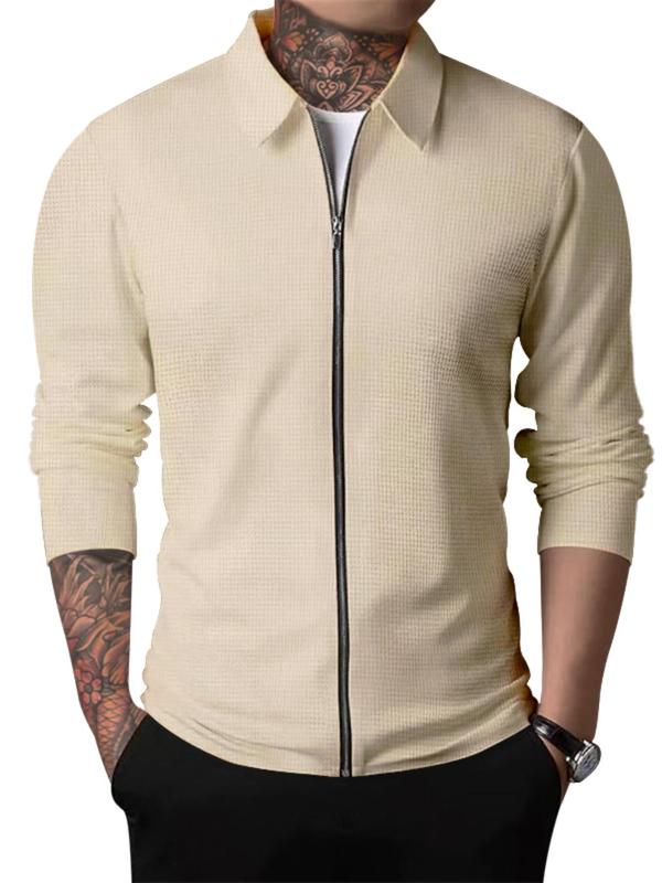 Men's Solid Color Zip Up Waffle Knit Jacket, Regular Fit Casual Long Sleeve Collared Outerwear for Fall & Winter, Men's Clothes for Daily Wear