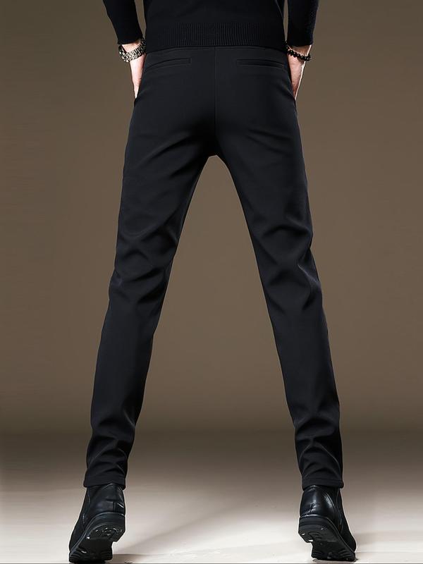 Men's Solid Color Zipper Suit Pants, Slim Business Formal Pocket Trousers for Work Office, Fashion Men's Clothes for All Seasons