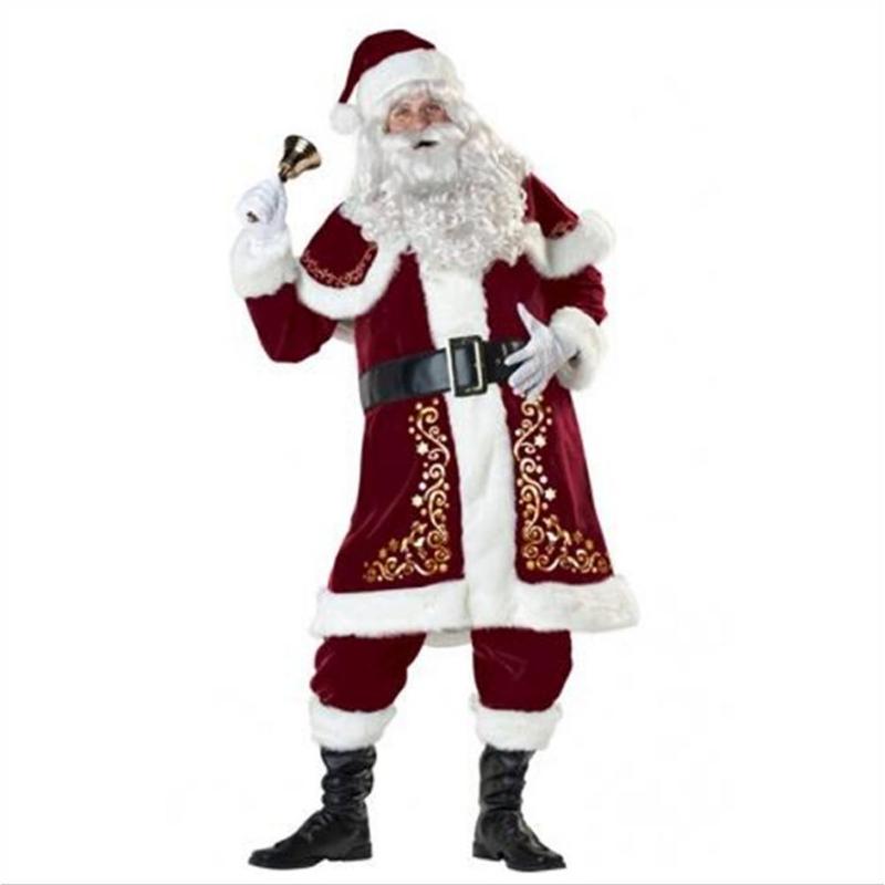 Christmas Santa Claus Costume Set, Hat+Shawl+Top Shirt +Loose Pants+Shoes+Gloves+Waist Belt, Deluxe Velvet Adult Kids Santa Suit