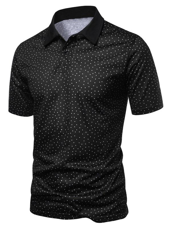 Men's Polka Dot Print Short Sleeve Back To School Polo Shirt, Men's Clothing Outfits, Casual Regular Fit Button Front Top for Summer, Fashion Men's Streetwear Clothes for Daily Wear