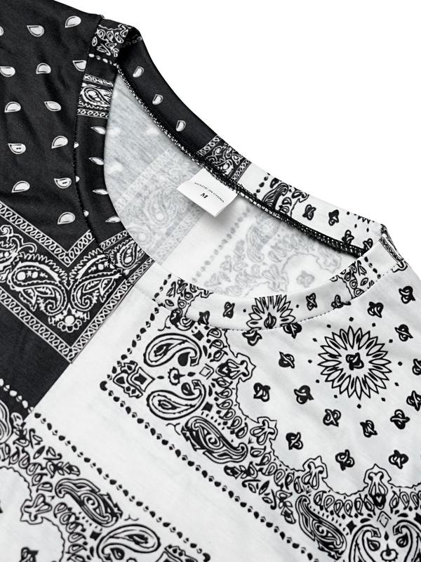 Men's Paisley Floral Patchwork Print Tee & Drawstring Waist Shorts Set, Regular Fit Round Neck Short Sleeve T-shirt & Pocket Track Shorts, Casual Summer Clothes Set for Men