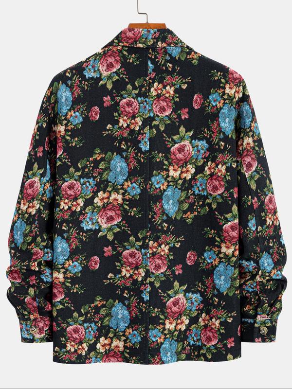 Men's Floral Print Button Zipper Jacket, Loose Casual Long Sleeve Collared Outerwear for Fall & Winter, Jackets for Men 2024, Men's Clothes for Daily Wear