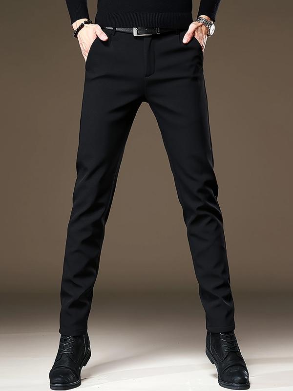 Men's Solid Color Zipper Suit Pants, Slim Business Formal Pocket Trousers for Work Office, Fashion Men's Clothes for All Seasons