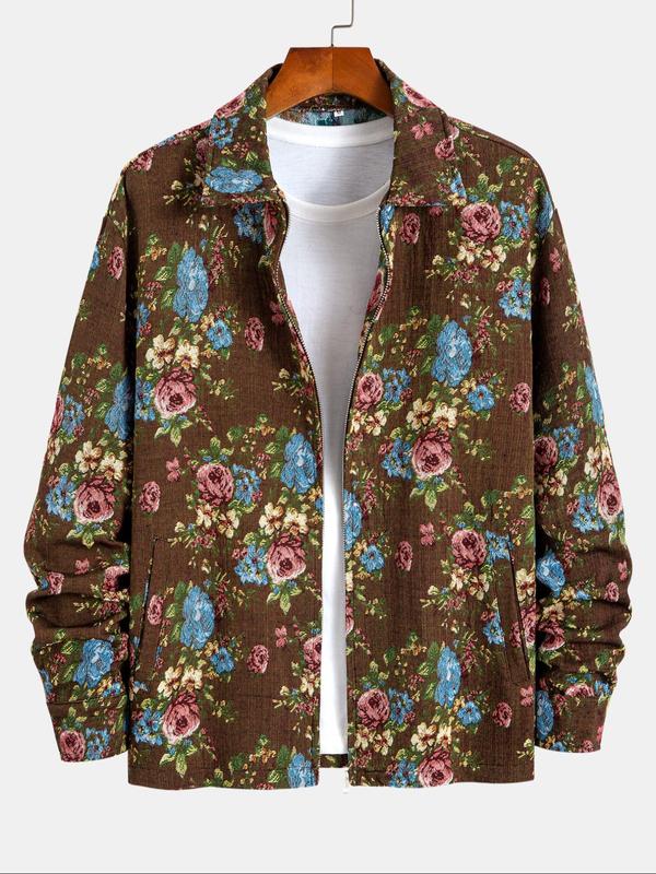 Men's Floral Print Button Zipper Jacket, Loose Casual Long Sleeve Collared Outerwear for Fall & Winter, Jackets for Men 2024, Men's Clothes for Daily Wear