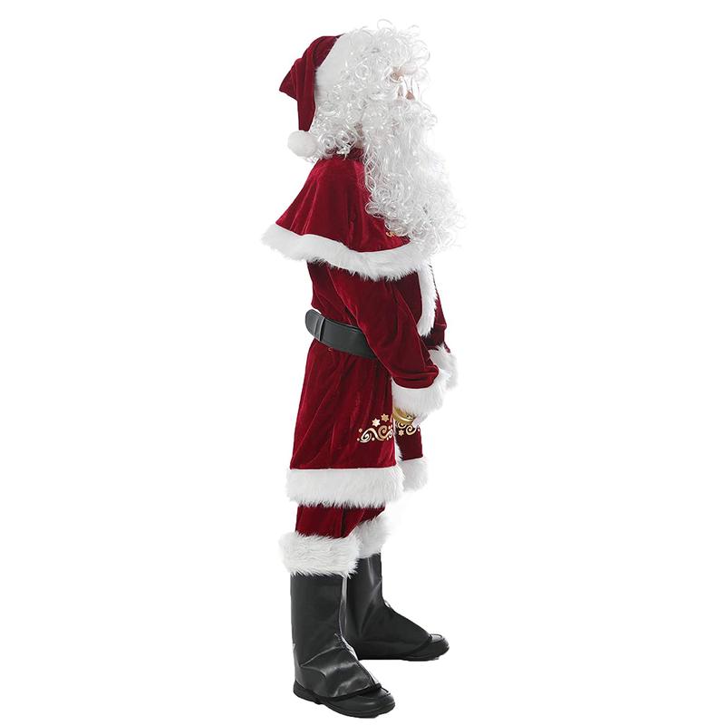 Christmas Santa Claus Costume Set, Hat+Shawl+Top Shirt +Loose Pants+Shoes+Gloves+Waist Belt, Deluxe Velvet Adult Kids Santa Suit