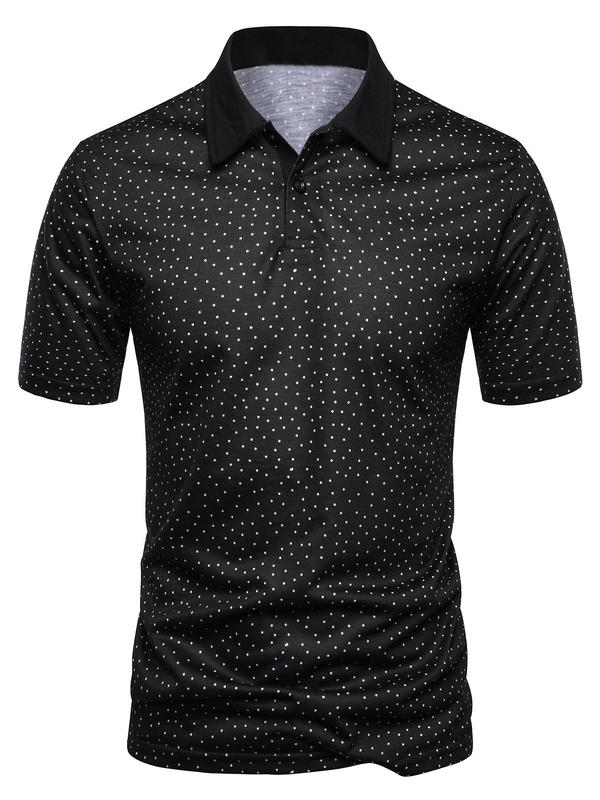 Men's Polka Dot Print Short Sleeve Back To School Polo Shirt, Men's Clothing Outfits, Casual Regular Fit Button Front Top for Summer, Fashion Men's Streetwear Clothes for Daily Wear