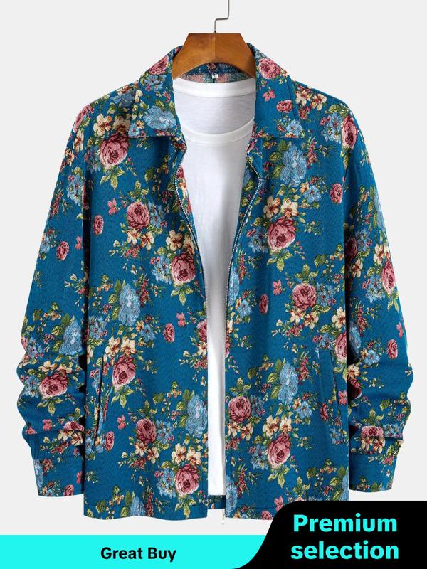 Men's Floral Print Button Zipper Jacket, Loose Casual Long Sleeve Collared Outerwear for Fall & Winter, Jackets for Men 2024, Men's Clothes for Daily Wear