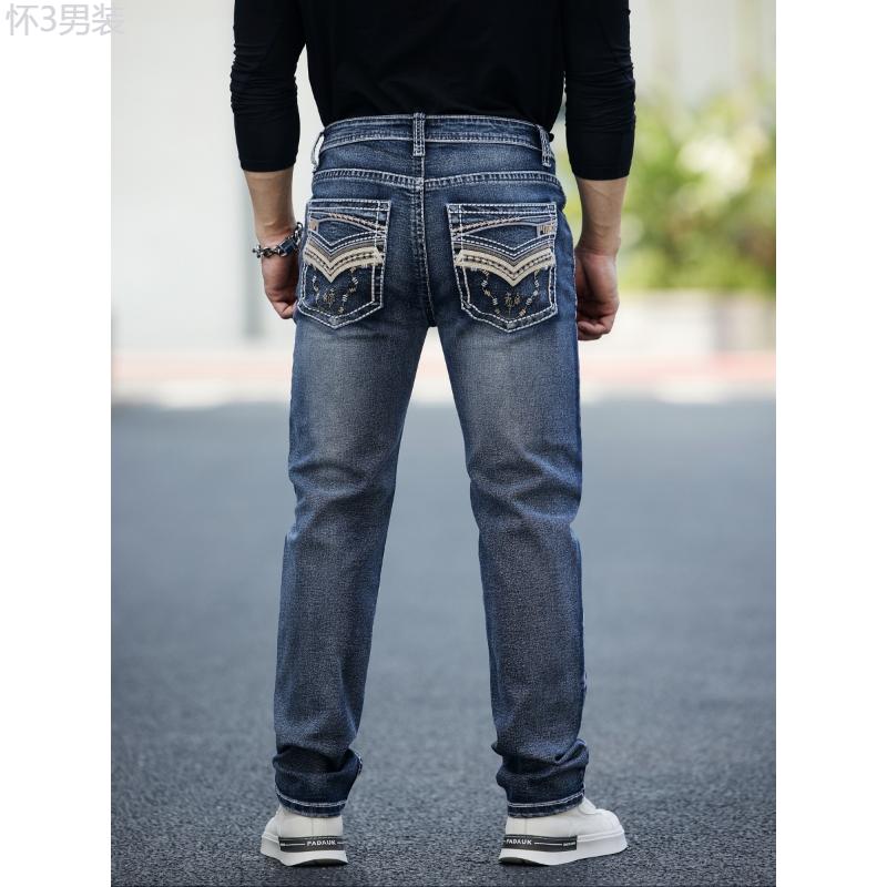 Men's Retro Style Denim Pants With Pockets, Vintage Bull Head Embroidered Design, Casual Fashion Wear For All Seasons Menswear Jean