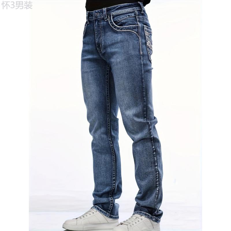 Men's Retro Style Denim Pants With Pockets, Vintage Bull Head Embroidered Design, Casual Fashion Wear For All Seasons Menswear Jean