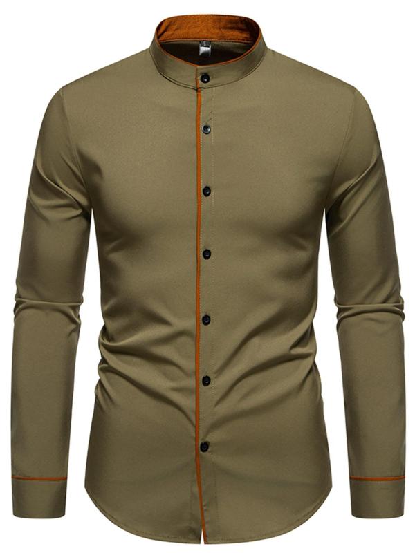 Men's Solid Color Stand Collar Button Front Shirt, Regular Fit Casual Long Sleeve Top for All Seasons, Men's Clothes for Daily Wear