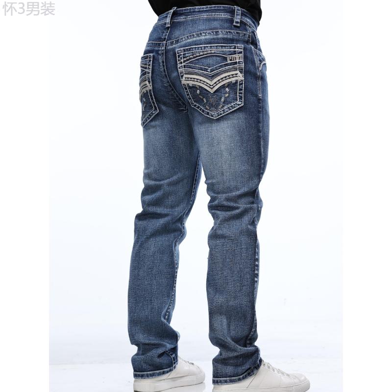 Men's Retro Style Denim Pants With Pockets, Vintage Bull Head Embroidered Design, Casual Fashion Wear For All Seasons Menswear Jean