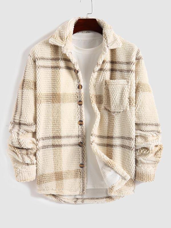 Men's Plaid Print Button Front Fleece Jacket, Regular Fit Casual Drop Shoulder Long Sleeve Outerwear for Fall & Winter, Men's Clothes for Daily Wear