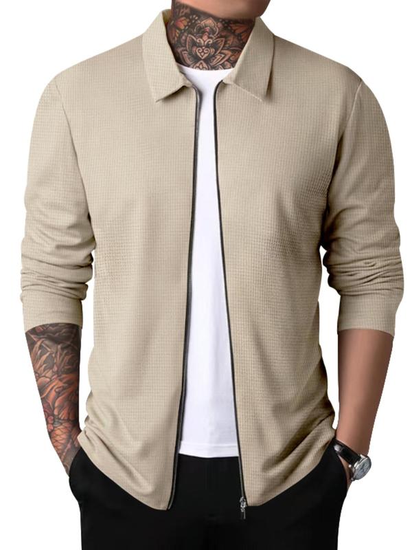 Men's Solid Color Zip Up Waffle Knit Jacket, Regular Fit Casual Long Sleeve Collared Outerwear for Fall & Winter, Men's Clothes for Daily Wear