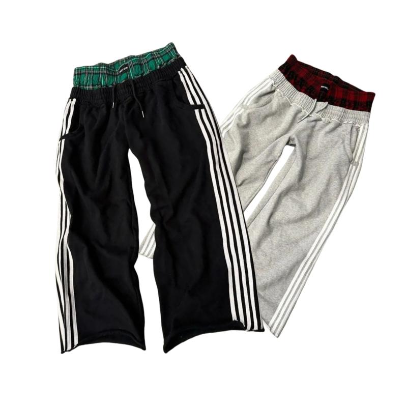 New Product Carnival]Casual Sweatpants Side Three Bars Splicing Plaid Comfortable Loose Wide Leg Straight Sweatpants Street Tide Menswear Man