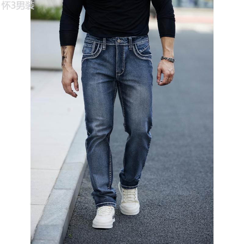 Men's Retro Style Denim Pants With Pockets, Vintage Bull Head Embroidered Design, Casual Fashion Wear For All Seasons Menswear Jean