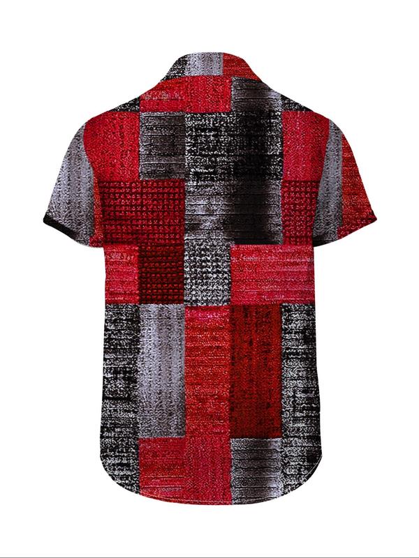 Men's Regular Fit Patchwork Print Button Front Shirt, Casual Short Sleeve Collared Shirt for Summer, Fashion Men's Top for Daily Wear