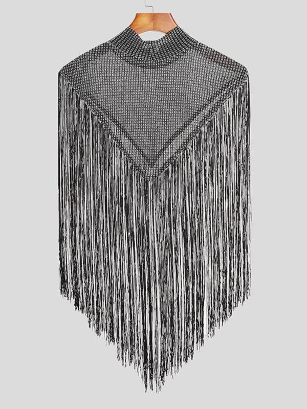 Men's Regular Fit Fringe Trim Mock Neck Cloak, Fashion Street Tassel Hem Top for Daily Holiday Vacation Outdoor Wear, Men's Clothes for Summer