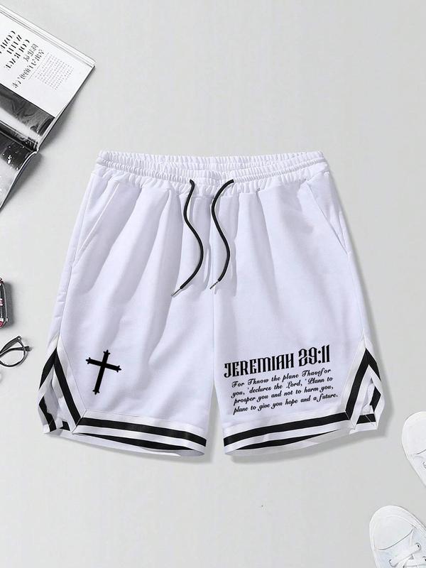 Men's Cross & Letter Print Drawstring Shorts, Loose Casual Streetwear Striped Trim Elastic Waist Pocket Track Shorts for Summer, Fashion Men's Bottoms for Daily Wear