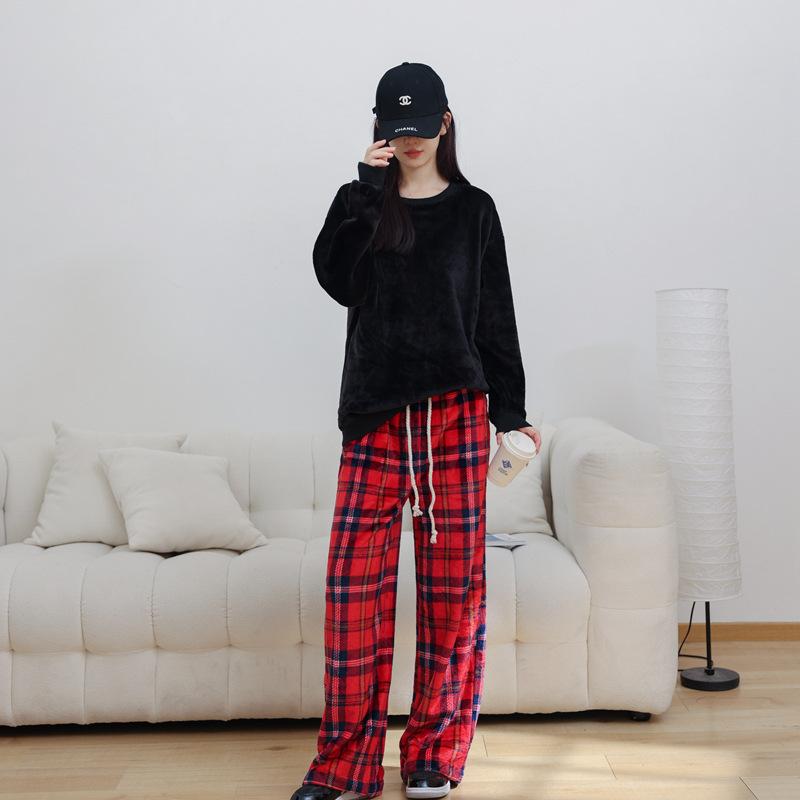 Winter Style Thickened Loungewear Couple Suit Loose Pullover Top with Plaid Pajama Pants Men's Women's Outer Pajamas