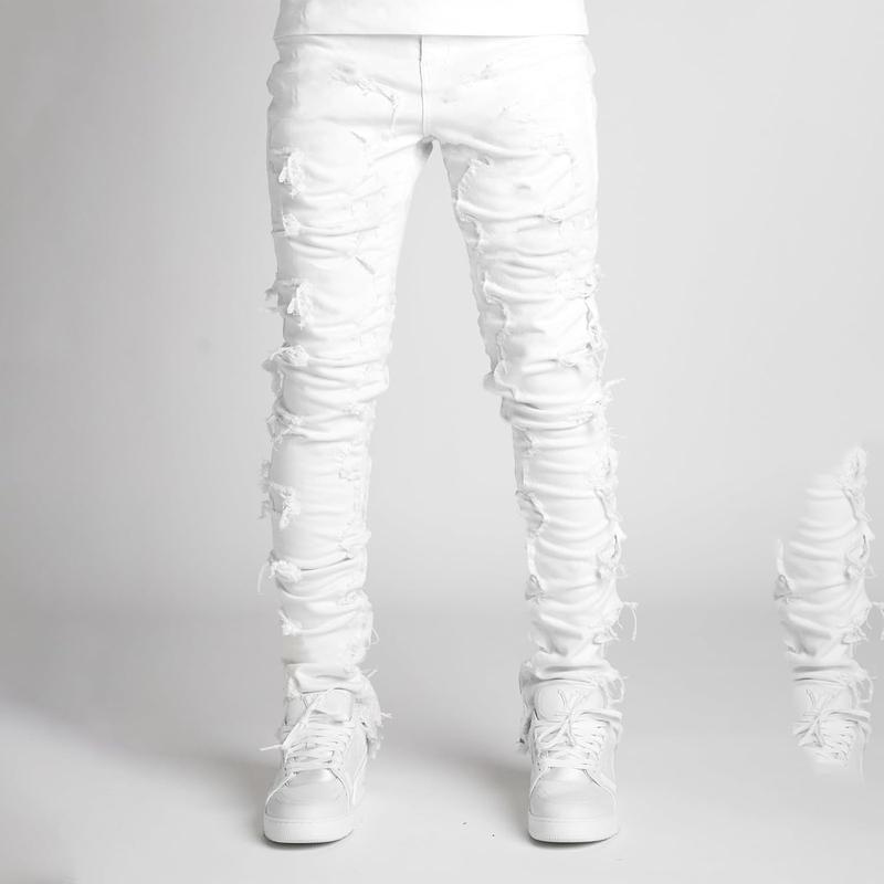 Men's Black Stacked Jeans Ripped Jeans Patch Distressed Destroyed Denim Trousers Streetwear Men Pants Daily Fit