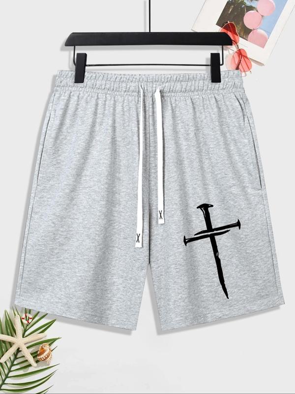 Emo Outfits Men's Stylish Cross Graphic Drawstring Shorts, Regular Fit Casual Breathable Elastic Waist Straight Leg Shorts, Summer Clothes, Shorts for Men, Mens Streetwear Clothing, Menswear