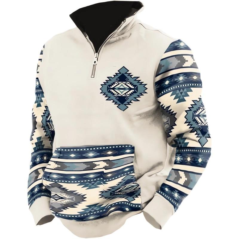 Western Cowboy Men Aztec Hoodie Vintage Graphic Hoodies for Men Oversized Long Sleeve Half Zip Pullover Casual Menswear Stylish Sweaters Tops Underwear Human Khaki