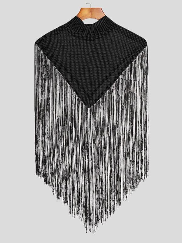 Men's Regular Fit Fringe Trim Mock Neck Cloak, Fashion Street Tassel Hem Top for Daily Holiday Vacation Outdoor Wear, Men's Clothes for Summer