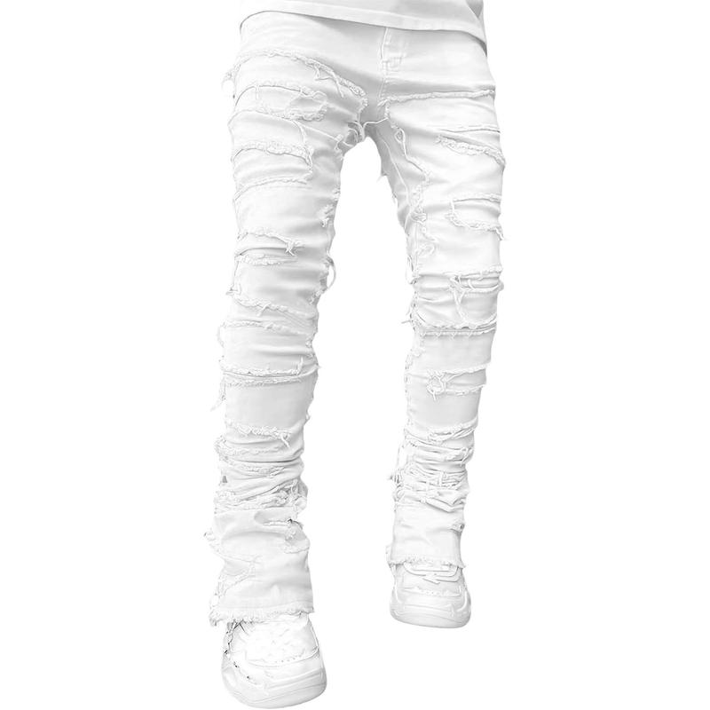 Men's Black Stacked Jeans Ripped Jeans Patch Distressed Destroyed Denim Trousers Streetwear Men Pants Daily Fit