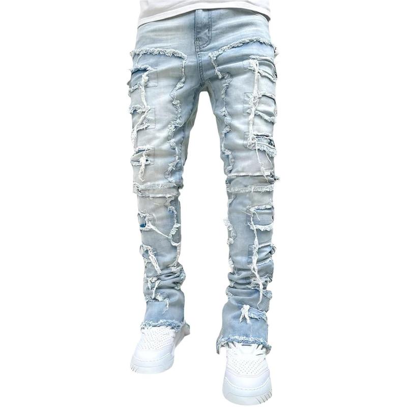 Men's Black Stacked Jeans Ripped Jeans Patch Distressed Destroyed Denim Trousers Streetwear Men Pants Daily Fit