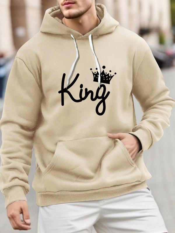 Men's Letter & Crown Print Drop Shoulder Thermal Lined Hoodie, Fashion Casual Regular Fit Drawstring Pocket Hooded Sweatshirt for Daily Holiday Outdoor Wear, Men Clothes for Fall & Winter