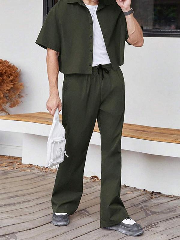 Men's Solid Button Front Shirt & Drawstring Waist Pants Two-piece Set, Loose Casual Short Sleeve Collared Top & Pocket Trousers for Summer, Men's Two-piece Outfits for Daily Wear