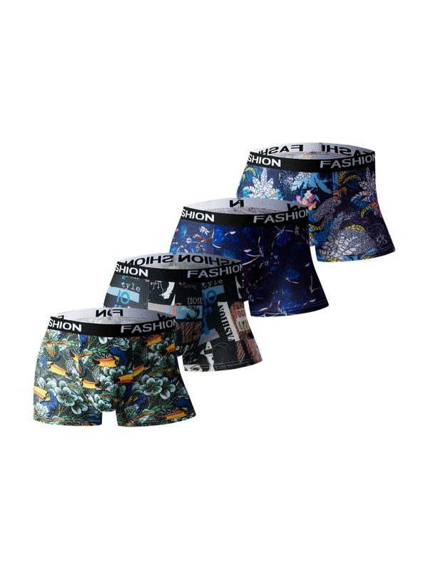 Men's All Over Print Letter Tape Waist Boxer Brief, Casual Comfy Breathable Soft Trunks, Men's Underwear for All Seasons