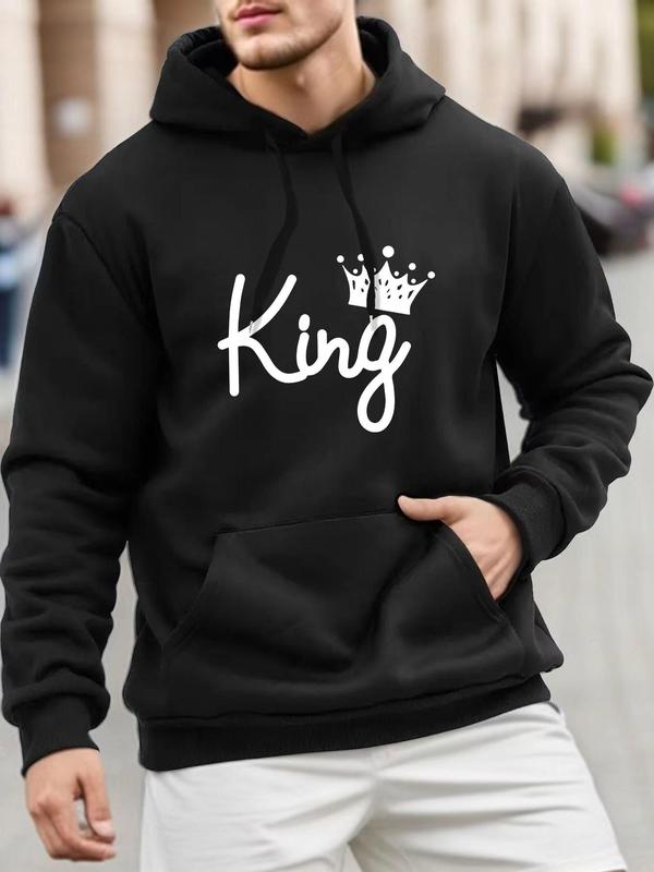 Men's Letter & Crown Print Drop Shoulder Thermal Lined Hoodie, Fashion Casual Regular Fit Drawstring Pocket Hooded Sweatshirt for Daily Holiday Outdoor Wear, Men Clothes for Fall & Winter