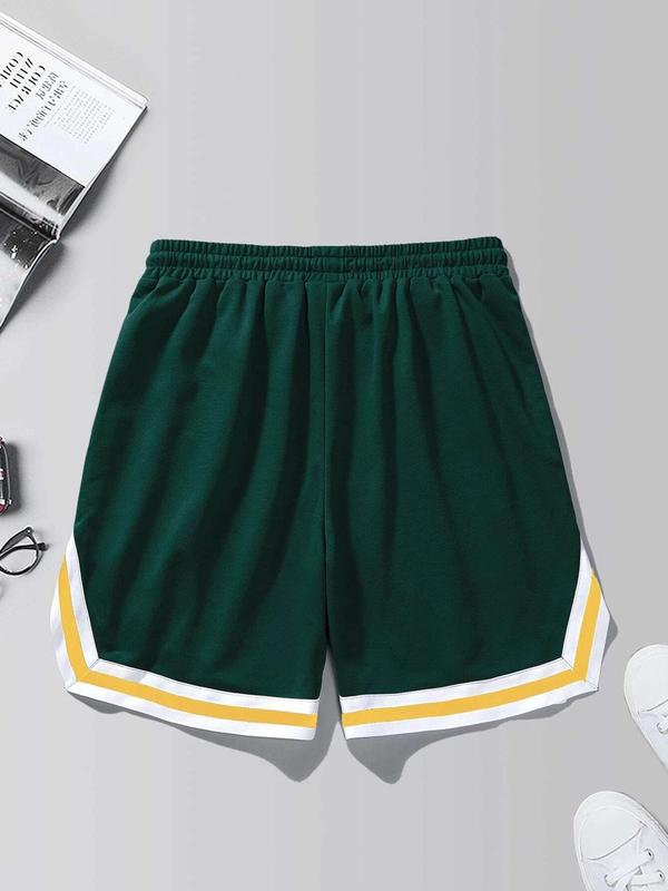 Men's Cross & Letter Print Drawstring Shorts, Loose Casual Streetwear Striped Trim Elastic Waist Pocket Track Shorts for Summer, Fashion Men's Bottoms for Daily Wear