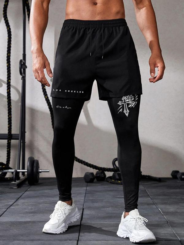 Men's Graphic & Letter Print Double Layer Stretch Waist Sweatpants, Casual Street Regular Fit Jogger Pants for Daily Wear, Men's Trousers for All Seasons