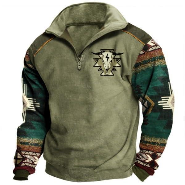 Western Cowboy Men Aztec Hoodie Vintage Graphic Hoodies for Men Oversized Long Sleeve Half Zip Pullover Casual Menswear Stylish Sweaters Tops Underwear Human Khaki