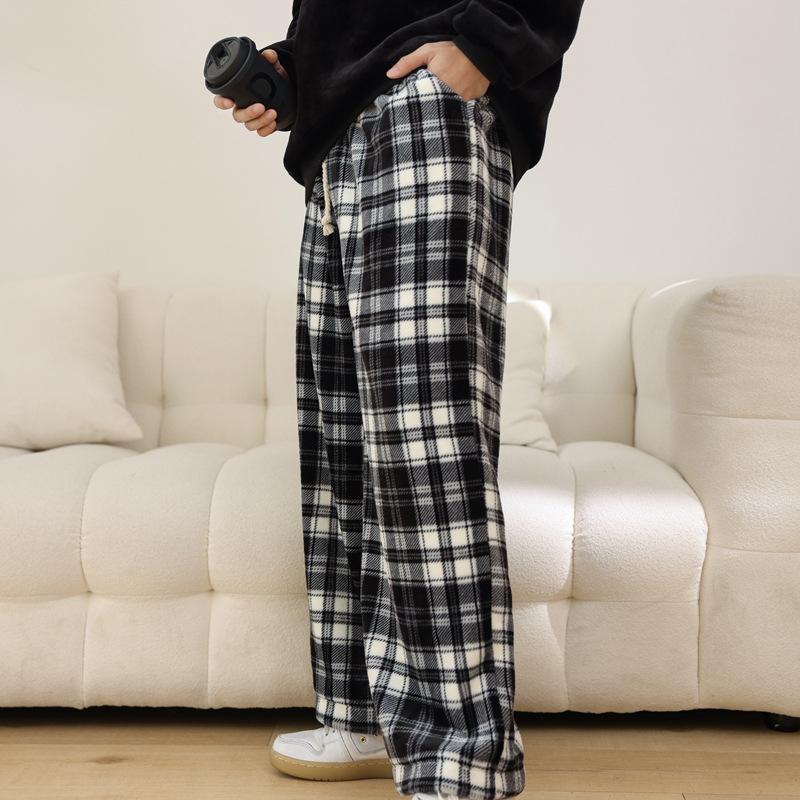 Winter Style Thickened Loungewear Couple Suit Loose Pullover Top with Plaid Pajama Pants Men's Women's Outer Pajamas