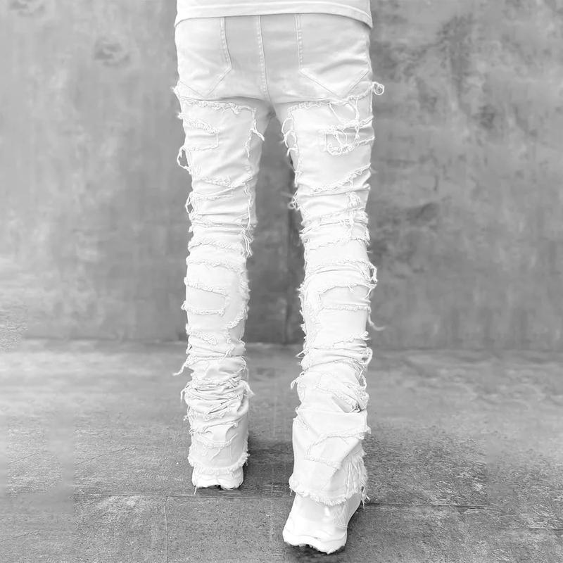 Men's Black Stacked Jeans Ripped Jeans Patch Distressed Destroyed Denim Trousers Streetwear Men Pants Daily Fit