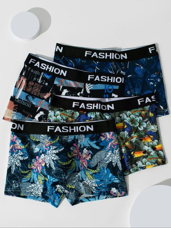 Men's All Over Print Letter Tape Waist Boxer Brief, Casual Comfy Breathable Soft Trunks, Men's Underwear for All Seasons